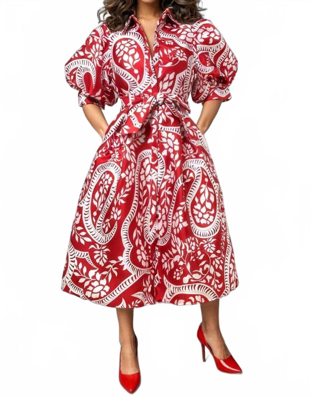 NEW N BY NANCY puff sleeve midi dress in red